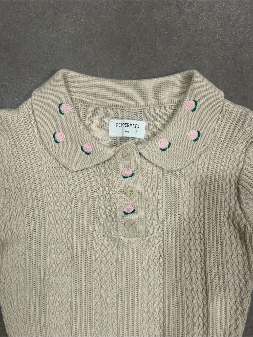 Peppermayo Aubrielle Knit Collar Top Cream Rose Embroidered XS/S - Picture 2 of 3